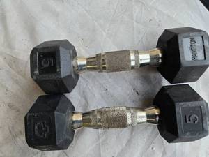lot 124 image: Lot of a pair of 5LB Rubber Hex Dumbbells (USED)