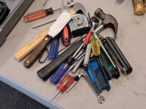 lot 27 image: Assorted Hand Tools - Hammers, Screwdrivers, Hex Wrenches, Tape Measure, Putty Knife, Scissors, Ratchets