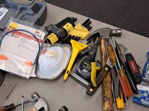 lot 28 image: Assorted Hand Tools - Hammers, Screwdrivers, Hex Wrenches, Tape Measure, Putty Knife, Pliers, Ear Protection, Face Mask