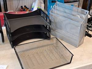 lot 65 image: Lot of (5) Desk Organizers - Plastic Stackable (x3) and Metal (x2)