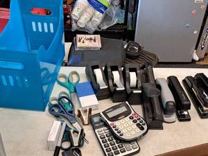 lot 66 image: Lot of (1 Tote) Assorted Office Supplies - Staplers, Calculators, Tape Dispensers, Scissors