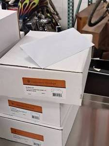 lot 81 image: Lot of (3 Boxes) Envelopes  No. 10 Regular   24#  OSDS Blue Confetti  White Wove 4-18x9-12 - Lindenmeyr Envelope 500-count ( 1500 total items )