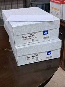 lot 96 image: Lot of (2 Boxes) Envelopes  24#   Side Seam Regulars  White, Blue Wesco Tint 4-18x9-12 - Wesco Kwik-Tak 500-count ( 1000 total items )