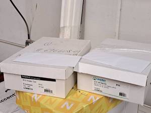 lot 104 image: Lot of (2 Boxes) Envelopes - #10  White Wove, #10 Inside Tint 24# White - Leader Paper Products Heywood Envelopes 500-count ( 1000 total items )