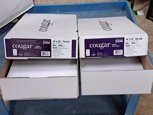 lot 109 image: Lot of (2 Partial Boxes) Cover Sheet 80# Smooth White Grain Short - 19x13 (250 sheets), 18x12 (200 sheets) - Domtar Cougar