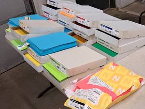 lot 201 image: Lot of (16) Neenah Astrobrights Assorted Paper Stock - #65 Rocket RedTerra GreenSunburst YellowVulcan GreenVenus VioletCosmic OrangeBlast Off Blue 8-12x11