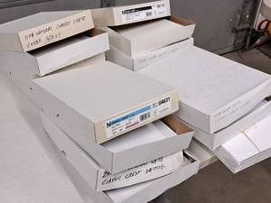 lot 200 image: Lot of (8) Neenah Classic Crest Assorted Paper Stock - 110# Natural White Cover, 24# Writing Solar White, #110 Solar White Cover, 24# Avon Brilliant Write Writing, 80# Natural White Cover, 100# Solar White Cover 8-12x11