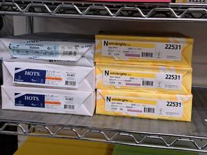 lot 216 image: Lot of (6 Packs) Assorted Color Paper Stock - Neenah Astrobrights Text #2460 Solar Yellow, Hammermill 20# Blue, Domtar HOTS Cover 65# Deep Orange  8-12x11 ( Total Items )