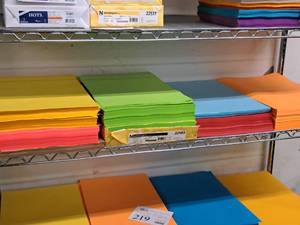 lot 218 image: Lot of (1 Shelf) Assorted Color Paper Stock 24# - Yellow, Orange, Blue, Green, Red 11x17