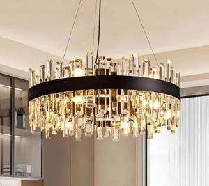 lot 45 image: Siljoy 23.6 Modern Crystal Chandelier, Luxury 2-Tiers Raindrop K9 Crystal Adjustable Flush Mount Hanging Ceiling Light for Dining Living Room Kitchen Entryway Foyer, E12 x 12, Matte Black