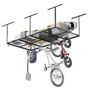 FLEXIMOUNTS OHK Series 48 in. W x 96 in. D x 22-40 in. H Black Ceiling Mounted Overhead Garage Storage Rack with Accessory Hooks  Customer Returns See Pictures
