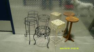 lot 26 image: 4 Assorted Plant Stands. 3 Metal, 1 Wood.