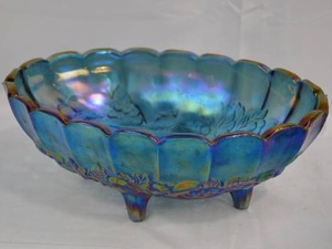lot 108 image: Indiana Iridescent Blue Harvest Grape Carnival Glass Footed Bowl