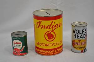 lot A-121 image: Lot of Oil Can Banks -  Indian Motorcycle Oil, Sinclair Oil, Wolfs Head Oil