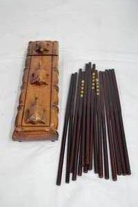 lot 124 image: Carved Wood Chop Sticks and Carved Turtle Storage Box