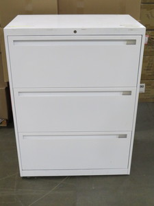 lot 23 image: White 3 Drawer Lateral Filing Cabinet - 30 x 18 x 40