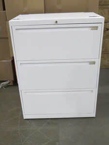 lot 24 image: White 3 Drawer Lateral Filing Cabinet - 30 x 18 x 40
