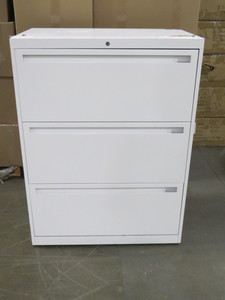 lot 25 image: White 3 Drawer Lateral Filing Cabinet - 30 x 18 x 40