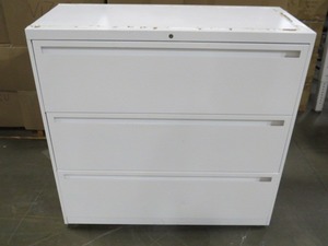 lot 26 image: White 3 Drawer Lateral Filing Cabinet - 42 x 18 x 40