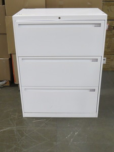 lot 28 image: White 3 Drawer Lateral Filing Cabinet - 30 x 18 x 40