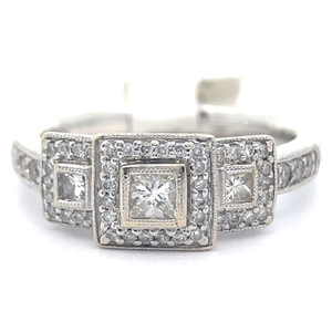 lot 33 image: Princess Diamond Three-Stone Pav Halo Ring in 14k White Gold VIDEO