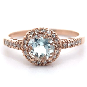 lot 32 image: NEW Aquamarine & Pav Diamond Halo Ring in 14k Rose Gold VIDEO