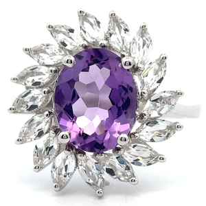 lot 26 image: 1.31 Carat Oval Amethyst & Marquise White Topaz Cluster Ring VIDEO