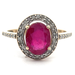 lot 28 image: Oval Natural Ruby & Pav Diamond Halo Estate Ring in Yellow Gold VIDEO