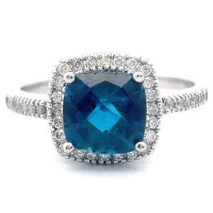 lot 31 image: NEW London Blue Topaz & Pav Natural Diamond Halo Ring in 14k White Gold VIDEO