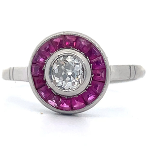lot 17A image: Cindy Cash Owned  Platinum Antique Natural Ruby & Old Mine Cut Diamond Bezel Halo Ring VIDEO