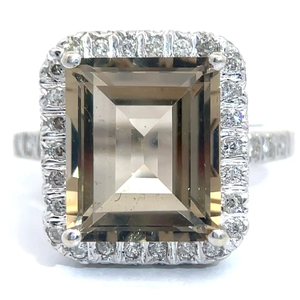 lot 9 image: Cindy Cash Owned  Brownish Yellow Citrine & Natural Diamond Double Halo Ring in 14k White Gold VIDEO