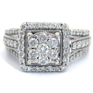 lot 10 image: Cindy Cash Owned  Natural Diamond Cluster Square Halo Triple-Row Ring in 14k White Gold VIDEO