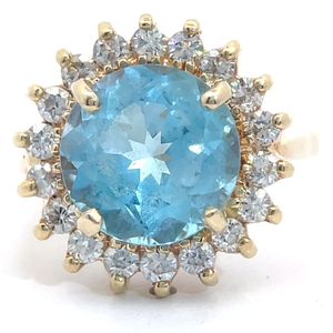 lot 12 image: Cindy Cash Owned  Round Blue Topaz & Natural Diamond Halo Cluster Cathedral Ring in 14k Yellow Gold VIDEO