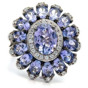 lot 35 image: NEW Tanzanite & Natural Diamond Cluster Flower Ring VIDEO