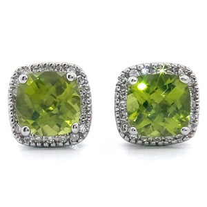 lot 34 image: NEW 0.15 Carat Natural Diamond & Peridot Cushion Halo Stud Earrings in 14k White Gold