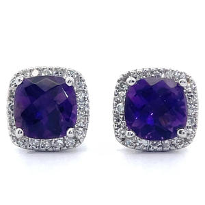 lot 27 image: NEW Natural Diamond & Amethyst Halo Stud Earrings in 14k White Gold VIDEO