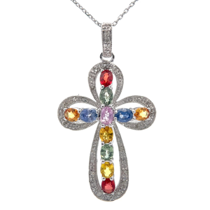lot 24 image: Multi-Color Sapphire & Natural Diamond Estate Cross Pendant Necklace in 14k White Gold VIDEO