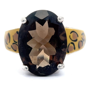 lot 43B image: Oval Smoky Quartz & Leopard Enamel Two-Tone Ring VIDEO