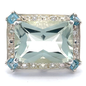 lot 41B image: Aquamarine, Blue Topaz & Diamond Geometric Art Deco Halo Ring VIDEO