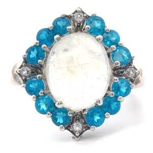 lot 39B image: Oval Cabochon Moonstone, Blue & White Topaz Cluster Flower Ring VIDEO