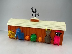 lot 56 image: 1962 Lakeside Toys Farm Animal Shape Sorting Barn Toy