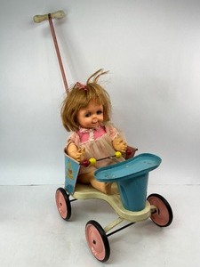 lot 210 image: 1965 Mattel Talking Baby Say N See Doll with Vintage Metal Doll Stroller