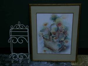 lot 154 image: Framed art and metal towel rack ...