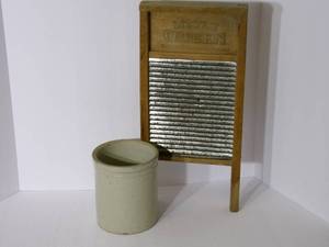 lot 65 image: Antique wash board and crock...