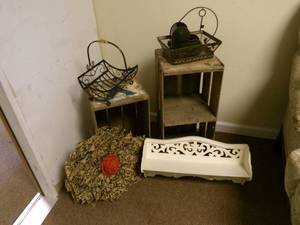lot 32 image: vintage wood crates, metal baskets,...