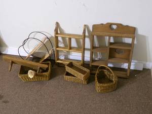 lot 34 image: Vintage wicker basets, wooden shelv...