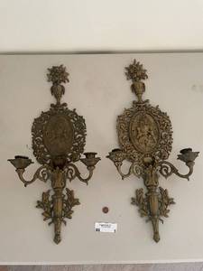 lot 5 image: Pair of Antique Wall Sconces with Cherub and Floral Motif