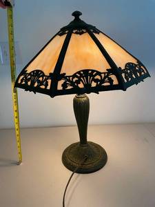 Vintage Tiffany-Style Table Lamp with Ornate Base and Slag Glass Shade