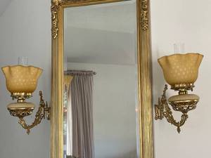 lot 25 image: Antique Pair of Brass Oil Lamp Sconces with Satin Glass Shades with matching mirror
