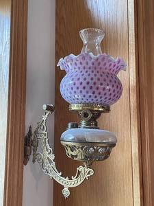lot 27 image: Pair of Oil Lamp Wall Sconces with Cranberry Shades incl Abram French